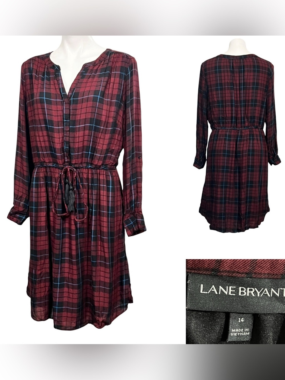 Lane Bryant Shirt Dress 14 red Plaid Long-Sleeve Drawstring waist fall office